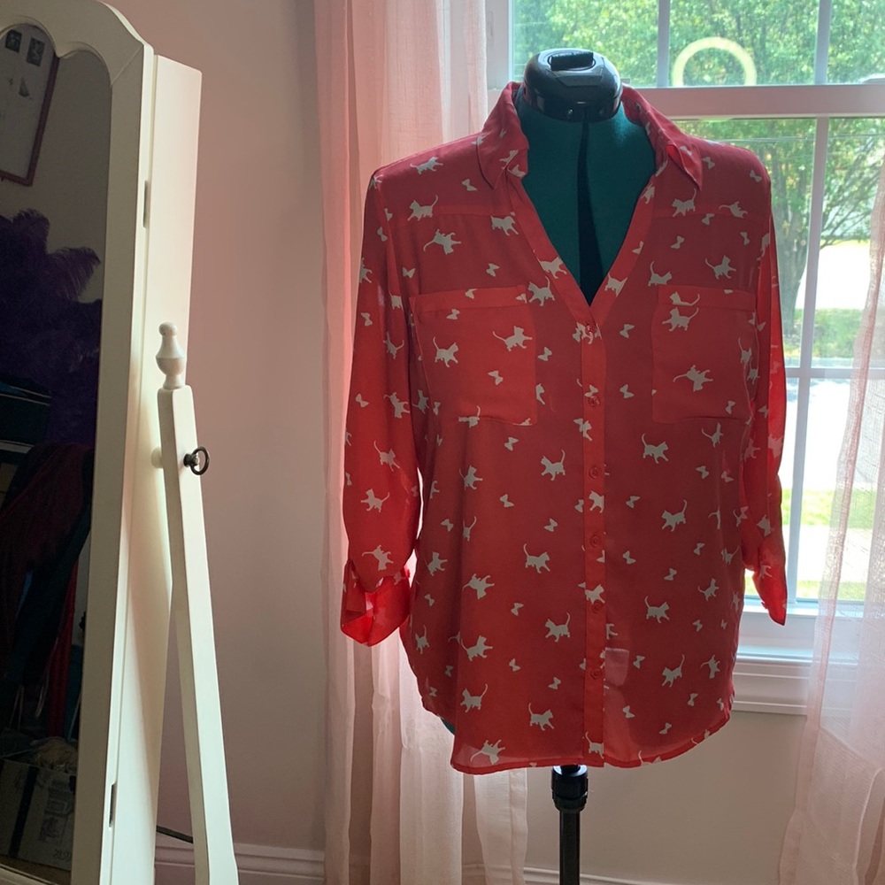 Cat and butterfly button down shirt